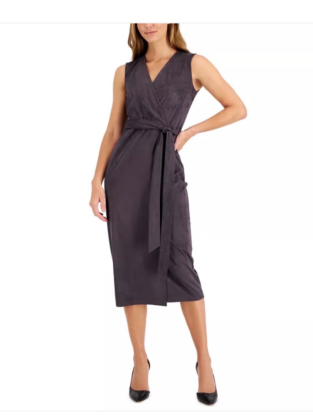 Anne Klein Sleeveless Faux-Wrap Belted Midi Dress in Charcoal Gray
